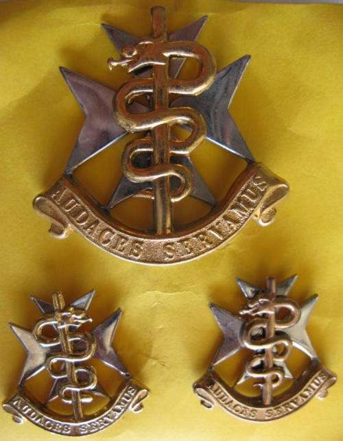 SA MEDICAL SERVICES BI-METAL CAP & COLLAR BADGES WORN FROM 1983 - LUGS INTACT