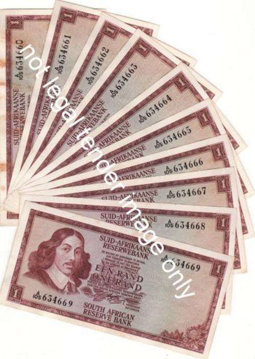#######G.RISSIK R1 RAND BANK NOTES IN A SERIES OF TEN ISSUE A105<<<<######IN CRISP UNC CONDONDITION
