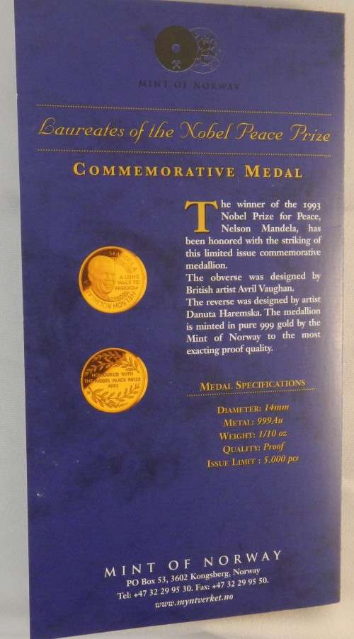 Mandela 10 th Oz Gold Noble Peace 1993 - Mint of Norway