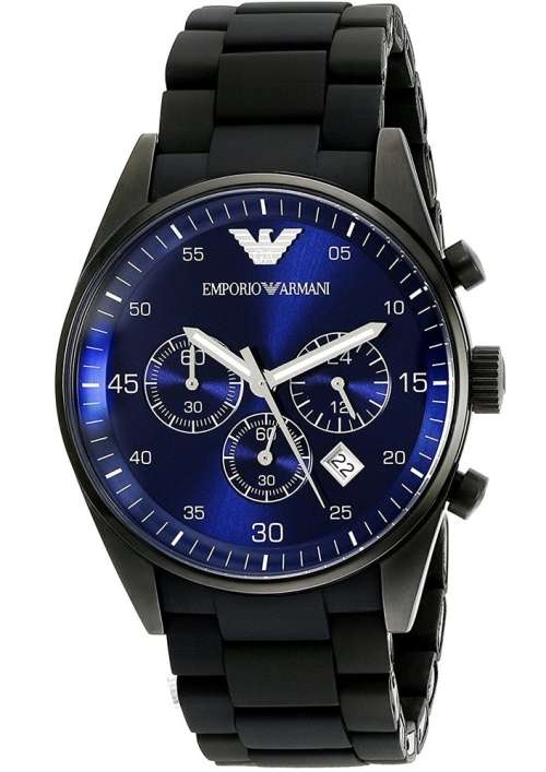 EMPORIO ARMANI BLUE SUNRAY DIAL**BLACK IP STAINLESS STEEL**GENTS CHRONOGRAPH WATCH ##EXQUISITE##