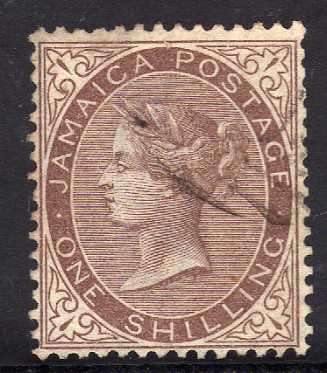 JAMAICA 1860 1/- DULL BROWN VERY FINE USED. WATER MARK 7. SG 6b. CAT 27 POUNDS.