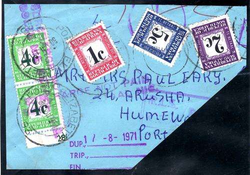 SOUTH AFRICA 1969-71 POSTAGE DUES ON PIECE. 2c PERF 14 SACC 57aH. 2 x 4c PERF 14 SACC 58aH HIGH CAT!