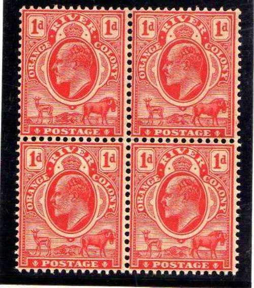 ORANGE RIVER COLONY 1905 1d UMM BROWN GUM. BLOCK OF 4 W/MARK MULTI CROWN CA. SACC 94. CAT R880.