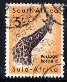 SOUTH AFRICA 1959-61 5/- DEFIN W/MARK COAT OF ARMS FINE USED. SACC 176. CAT R200.