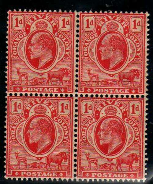 ORANGE RIVER COLONY 1905 1d BLOCK OF 4 UMM BROWN GUM. W/MARK MULTI CROWN CA. SACC 94. CAT R880.