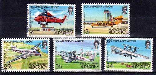 ALDERNY 1985 "AIRPORT 50th ANNIVERSARY" SET OF 5 V.F.U. SG A18-22. CAT 11,45 POUNDS.