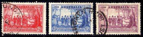 AUSTRALIA 1937 "150TH ANNIV N.S.W." SET OF 3 FINE USED. SG 193-5. CAT 16,50 POUNDS.