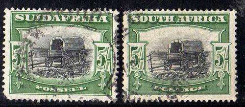SOUTH AFRICA 1927 LONDON PICT 2 x 5/- SINGLES GOOD USED. SG 38. CAT AS SINGLES 70 POUNDS.