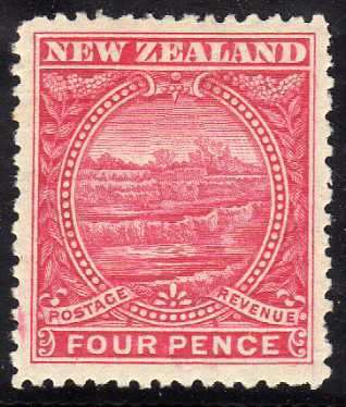 NEW ZEALAND 1898 DEFIN 4d BRIGHT ROSE M.M. (BLUNT CORNER) SG 252. CAT 16 POUNDS.