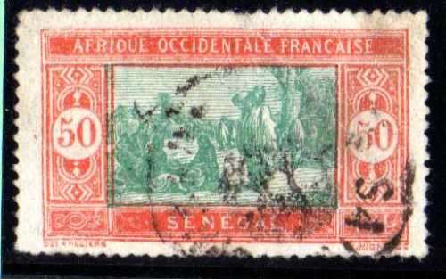 SENEGAL 1914 50c GREEN AND RED GOOD USED BUT CREASED. SG 120. CAT 30 POUNDS.