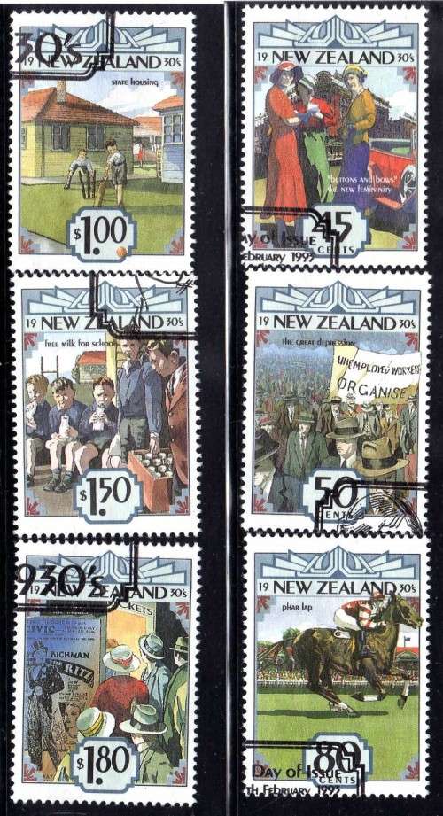 NEW ZEALAND 1993 "NEW ZEALAND IN THE THIRTIES" SET OF 6 VFU. SG 1720-25. CAT 8,10 POUNDS.