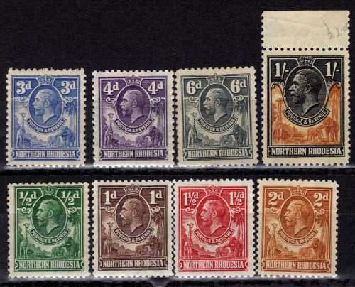 NORTHERN RHODESIA 1925 DEFIN PART SET OF 8 MM(*). SG 1-7 + 10. CAT 36 POUNDS.