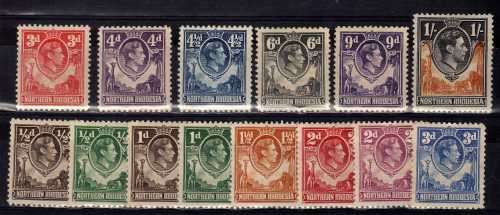 NORTHERN RHODESIA 1938 DEFIN PART SET OF 14 MM(*). SACC 25 - 28, 30 + 32 - 40.. CAT R287.