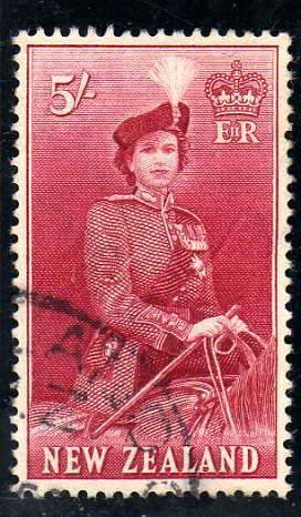 NEW ZEALAND 1953 DEFIN 5/- RED V.F.U. SG 735. CAT 4,50 POUNDS.