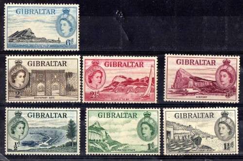 GIBRALTAR 1953 DEFINITIVE PART SET OF 7 L.M.M. SG 145-149, 152, 153. CAT 13 POUNDS.