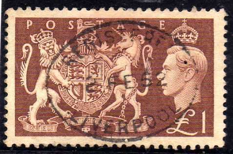 GREAT BRITAIN 1951 1 POUND FESTIVAL DEFINITIVE VERY FINE USED. SG 512. CAT 18 POUNDS.