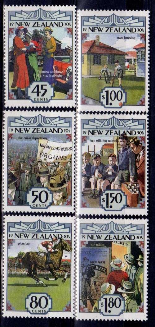 NEW ZEALAND 1993 "NEW ZEALAND IN THE THIRTIES" SET OF 6 UMM. SG 1720-25. CAT 5,85 POUNDS.