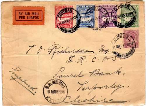 SOUTH AFRICA 1925 1ST AIRMAIL SET ON FLOWN COVER "11 MAR 1925". SACC 25-28. CAT R1000.