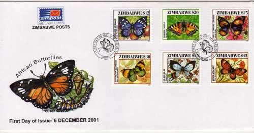 ZIMBABWE 2001 "BUTTERFLIES" SET OF 6 ON FDC. SG 1066-71. CAT STAMPS 8 POUNDS.