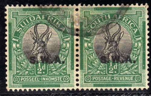 SWA 1927-30 1/2d PAIR WITH OVERPRINT ABOVE VALUE V.F.USED. SG 58b. CAT 16 POUNDS.