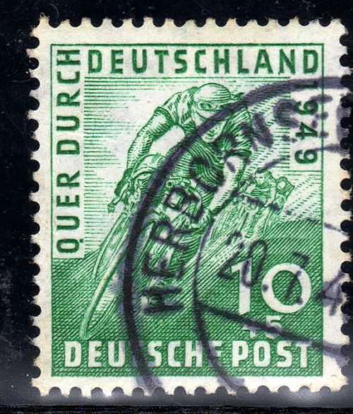 GERMANY 1949 TRANS GERMAN CYCLE RACE 10pf + 5pf VFU. SG A146. CAT 8,50 POUNDS.