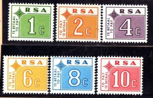 SOUTH AFRICA 1972 POSTAGE DUE SET OF 6 UMM. SACC 63-68. CAT R298.