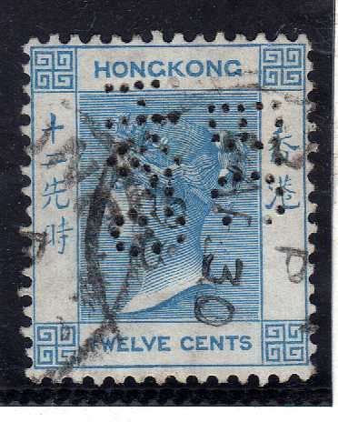 HONG KONG 1863-71 DEFIN 12c PALE BLUE USED PERFIN. SG 12a. CAT 9 POUNDS.