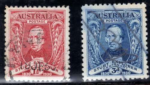 AUSTRALIA 1930 "CENT OF EXPLORATION OF MURRAY RIVER" SET OF 2 FU. SG 117-118. CAT 10 POUNDS.