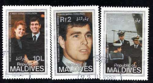 MALDIVES 1986 ROYAL WEDDING PRINCE ANDREW AND SARAH FERGUSON SET OF 3 AND MINI SHEET VFU.
