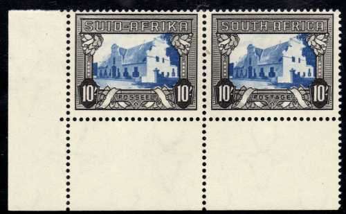 SOUTH AFRICA 1933-48 HYPHEN PICT 10/- BLUE & CHARCOAL MM MARGINAL HORIZ PAIR. SACC 63b. CAT R500.