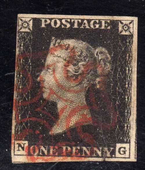 GREAT BRITAIN 1840 1d BLACK 4 MARGIN, OBLITERATED BY RED MALTESE CROSS. SG 2. CAT 425 POUNDS.