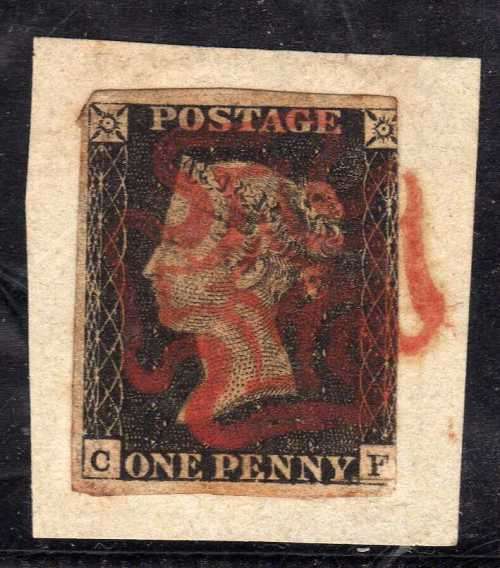 GREAT BRITAIN 1840 1d BLACK 3 MARGIN BEAUTIFUL RED MALTESE CROSS TIED TO PIECE. SG 2. CAT 425 POUNDS