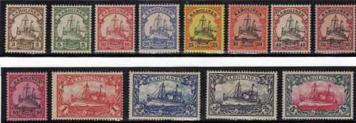 GERMAN COLONIES CAROLINE ISLANDS 1901 YACHT DEFIN NO WMK SET MM. SG 13-25. CAT 231 POUNDS.