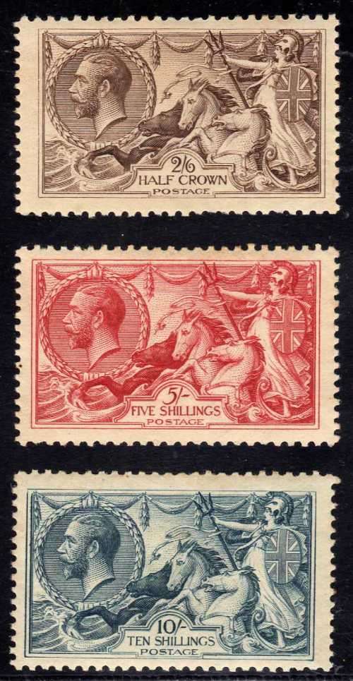 GREAT BRITAIN 1918-19 BRADBURY WILKINSON SEA HORSES SET OF 3 UMM. SG 415a-417. CAT 1950 POUNDS.