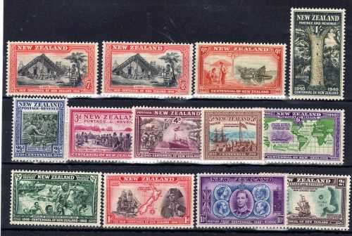 NEW ZEALAND 1940 CENTENIAL SET OF 13 UMM EXCEPT 1d LMM. SG 613-625. CAT 70 POUNDS.