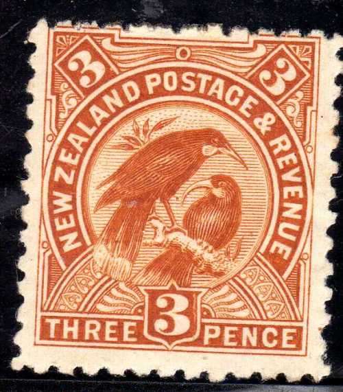 NEW ZEALAND 1899 DEFIN 3d PERF 11 YELLOW BROWN LIGHTLY MOUNTED MINT. SG 261. CAT 25  POUNDS.