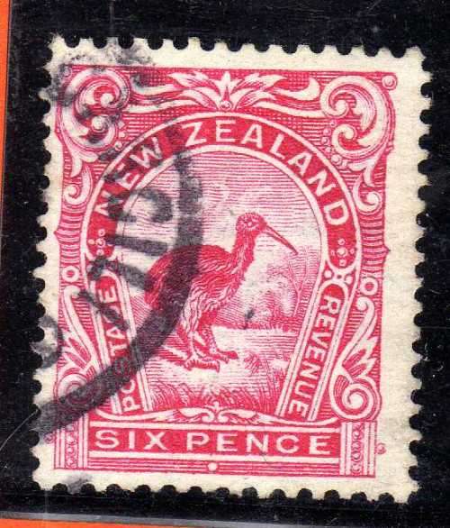 NEW ZEALAND 1907-8 DEFIN 6d CARMINE-PINK PERF 14x15 VERY FINE USED. SG 384. CAT 11 POUNDS.