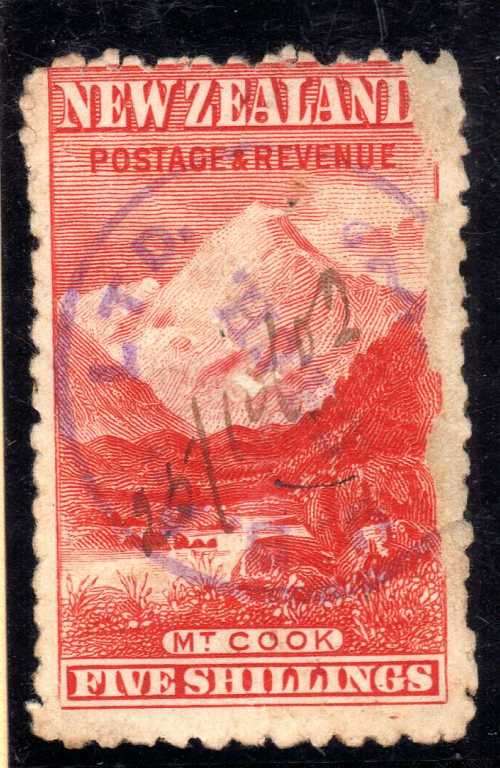 NEW ZEALAND 1898 DEFIN 5/- FISCAL CANCEL. SPACE FILLER. (FAULTS) SG 329b. CAT 300 POUNDS.