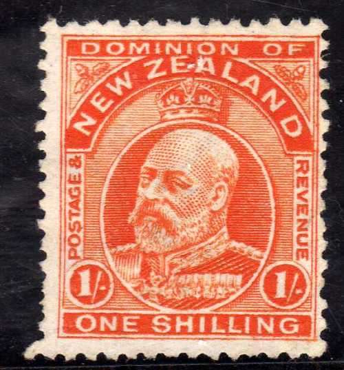 NEW ZEALAND 1909 DEFIN 1/- VERMILION PERF 14 x 14,5 MINT NO GUM. SG 394. CAT 50 POUNDS.