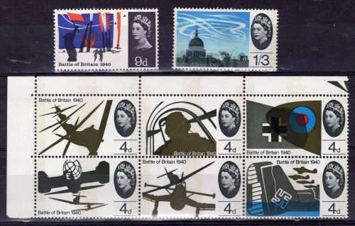 GREAT BRITAIN 1965 "25TH ANNIV BATTLE OF BRITAIN" PHOSPHOR SET OF 8 UMM. SG 671p-678p. CAT 12 POUNDS