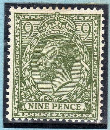GREAT BRITAIN 1912-24 KGV DEFIN 9d OLIVE-GREEN LMM. SG 393a. CAT 110 POUNDS.