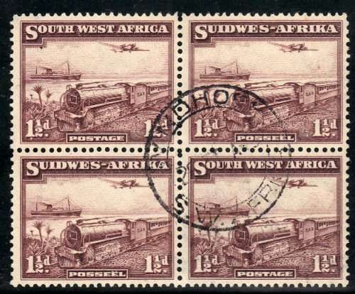 SOUTH WEST AFRICA 1937 ADDITIONAL DEFIN ISSUE 1,5d BLOCK OF 4 VFU. SACC 123. CAT R100.