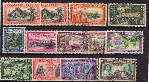NEW ZEALAND 1940 CENTENIAL SET OF 13 VFU EXCEPT 7d MINT. SG 613-625. CAT 20 POUNDS.