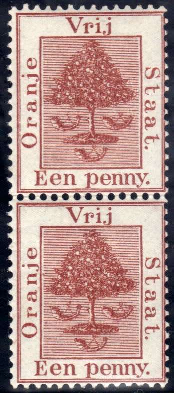 ORANGE FREE STATE 1868-71 1d PALE BROWN VERTICAL PAIR VERY FINE UMM & MM. SACC 1. CAT R1100.