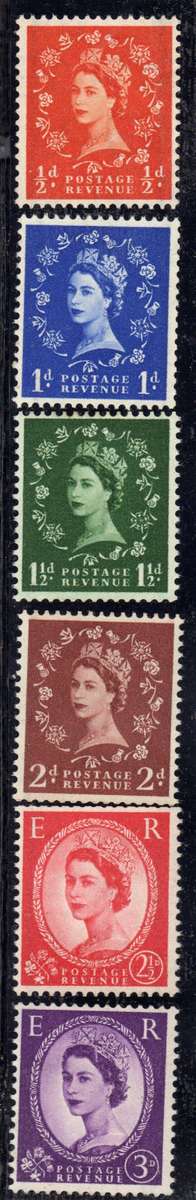 GREAT BRITAIN 1957 GRAPHITE LINED SET OF 6 UMM. SG 561-66. CAT 12 POUNDS.