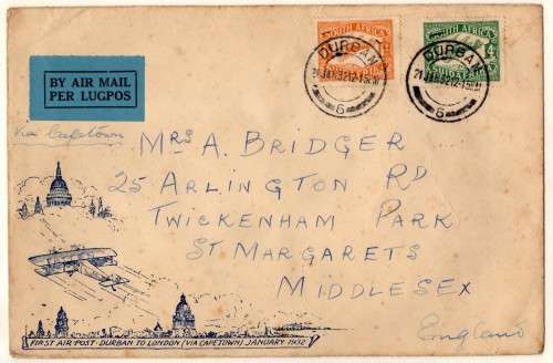 SOUTH AFRICA 1929 AIR MAIL SET OF 2 ON FLOWN COVER. "FIRST AIR POST DURBAN-LONDON VIA CAPE TOWN"