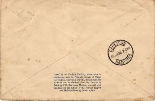 SOUTH AFRICA 1929 AIR MAIL SET OF 2 ON FLOWN COVER. "FIRST AIR POST DURBAN-LONDON VIA CAPE TOWN"