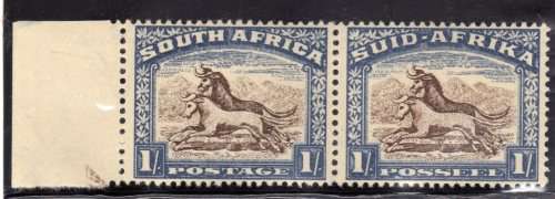 SOUTH AFRICA 1933-48 HYPHEN PICT 1/- HORIZONTAL PAIR LMM. SACC 61. CAT R300.