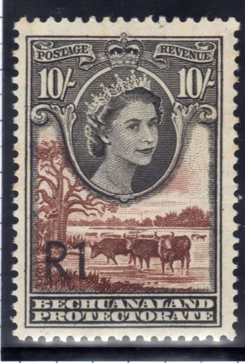 BECHUANALAND 1961 DEFIN R1 ON 10/- TYPE II SURCHARGE BOTTOM LEFT LMM. SG 167a. CAT 32 GBP FOR UMM.
