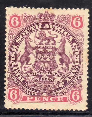 RHODESIA BSA COMPANY 1896-97 ARMS DEFIN DIE II 6d MAUVE & ROSE MM. SACC 43. CAT R320. (SACC 2019/20)
